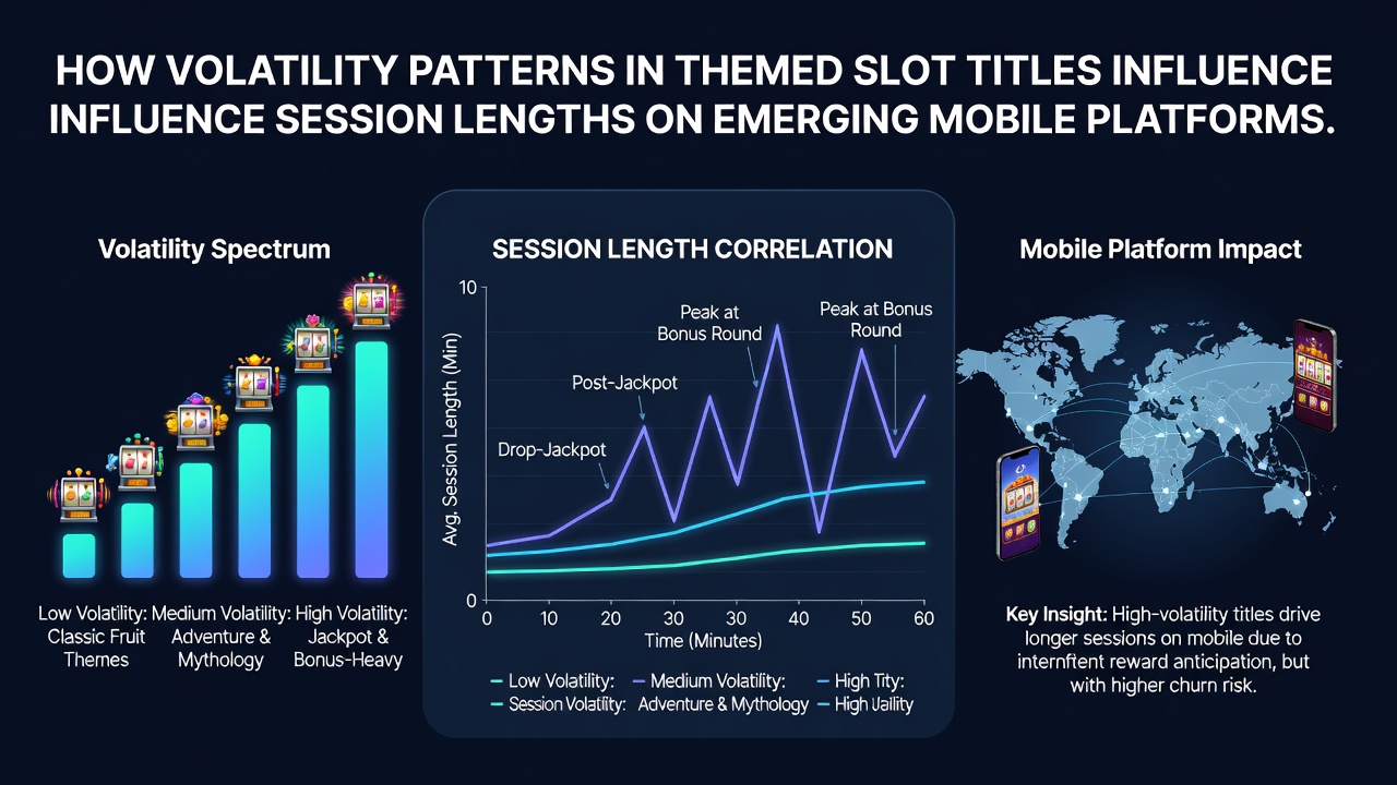 Mobile device screen displaying themed slot interface with volatility indicators and session analytics overlay