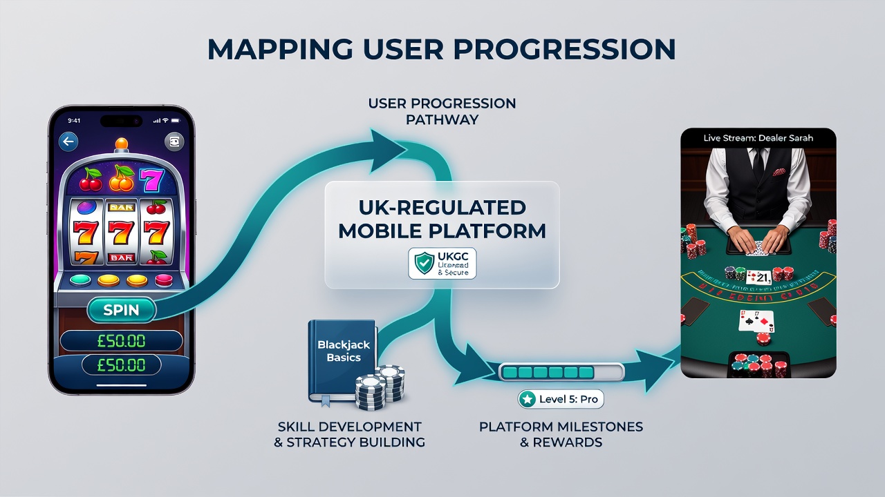Analytics dashboard displaying user flow from slots to live blackjack sessions on UK mobile platforms